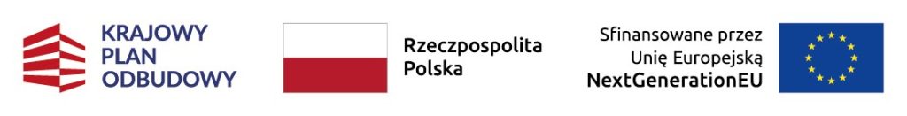 Logotypy projektowe z napisami: Krajowy Plan Odbudowy, Rzeczpospolita Polska, Sfinansowane przez Unię Europejską NextGenerationEU