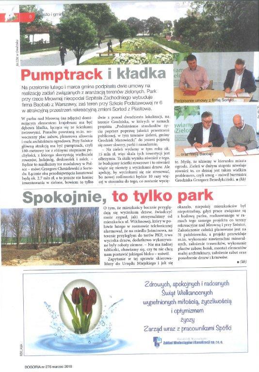 Wycinek artykułu z pisma Bogoria: Pumptrack i kładka oraz Spokojnie, to tylko park