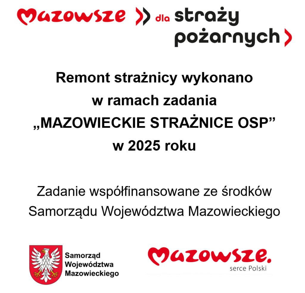 Mazowsze dla straży pożarnych
Remont strażnicy wykonano w ramach zadania „MAZOWIECKIE STRAŻNICE OSP”  w 2025 roku
Zadanie współfinansowane ze środków Samorządu Województwa Mazowieckiego